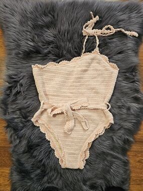 NWT! Crochet One-Piece Swimsuit in Pale Peach